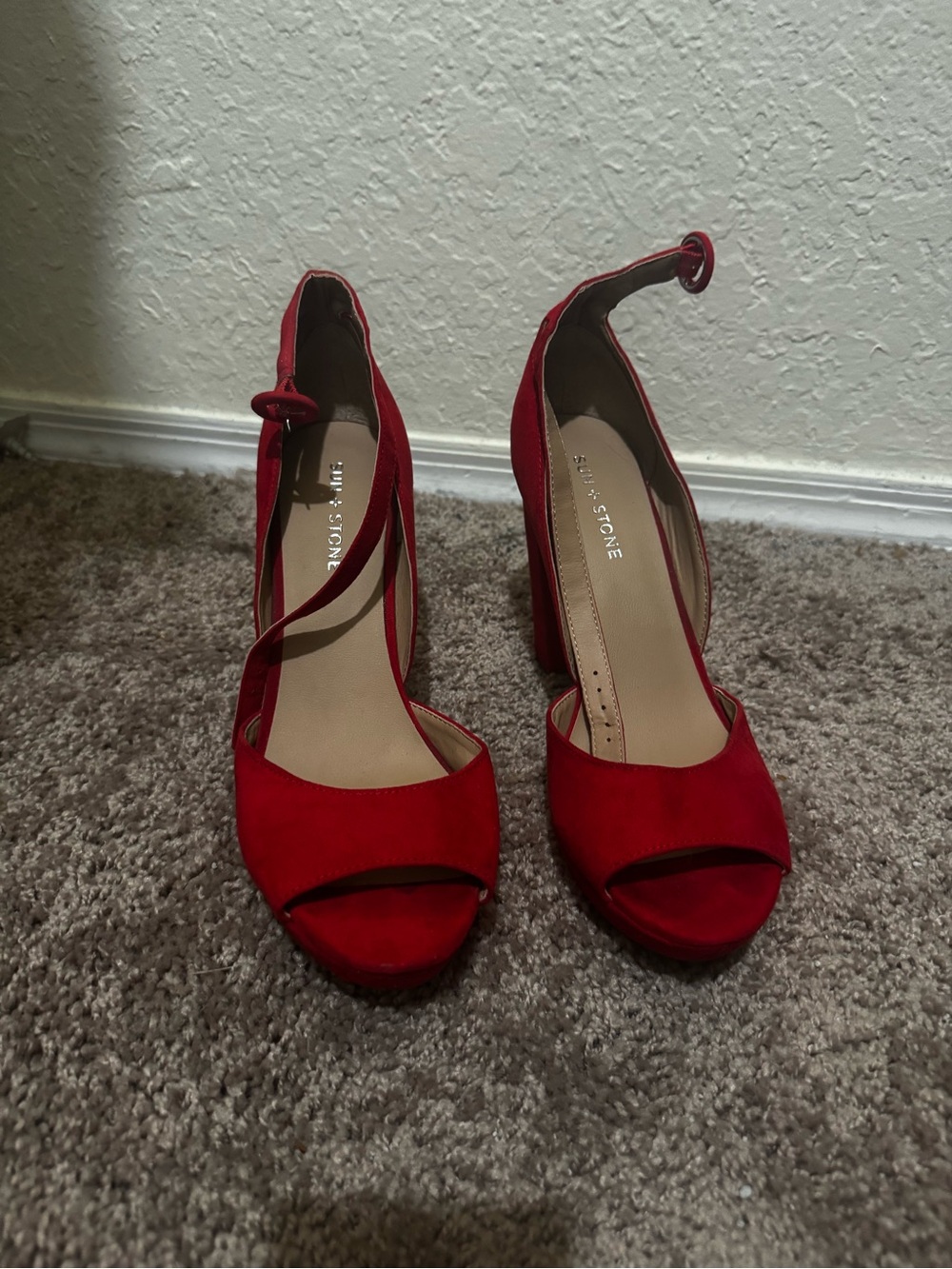 Red Suede Open-Toe Heels